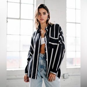 Topshop Navy White Striped Oversized Button Up Shirt Size 12